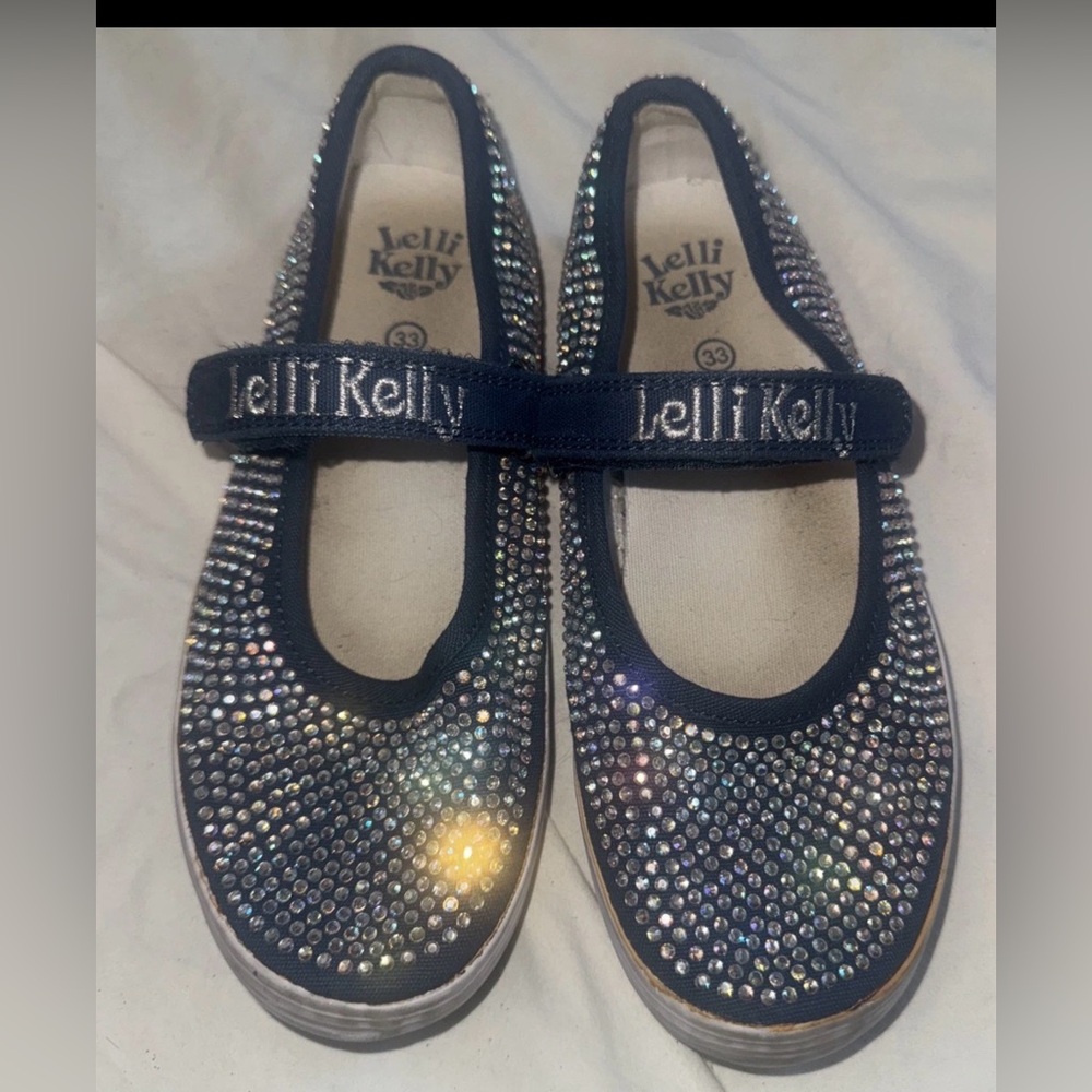 Lelli Kelly Mary Jane Shoes Blue Beaded Sequin Size 2 Euro 33 Hook N Loop